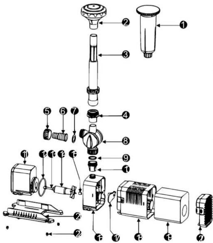 Exploded view diagram of a mechanical device with numbered parts for identification