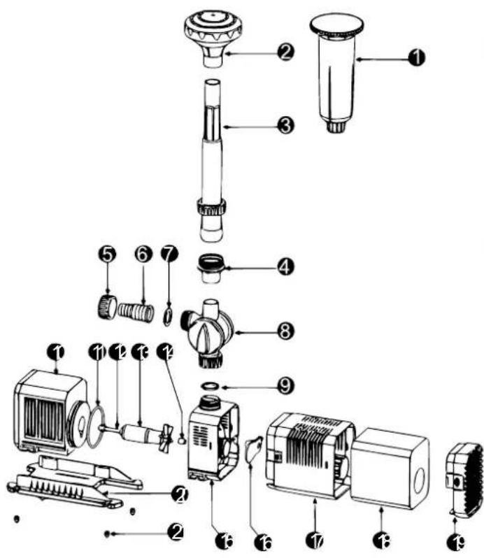 Exploded view diagram of a mechanical device with numbered parts for identification
