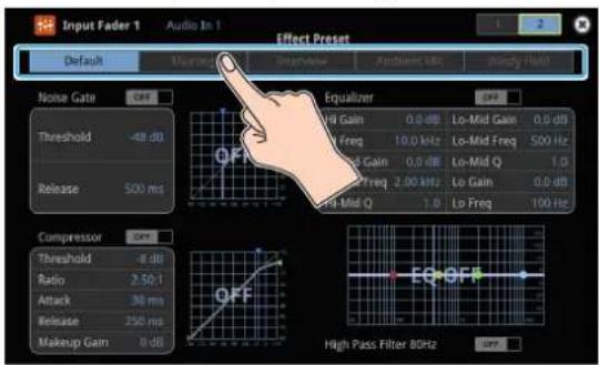Input Fader 1 Audio In 1 Effect Preset Default Monitor Interviewer Request Info Ready Host Noise Gate OFF Threshold -48 dB Release 500 ms Equalizer VH Gain 0.0 dB Lo-Mid Gain 0.0 dB Freq 10.0 kHz Lo-Mid Freq 500 Hz Freq 0.0 dB Lo-Mid Q 1.0 Freq 2.00 kHz Lo Gain 0.0 dB Lo-Mid Q 1.0 Lo Freq 100 Hz Compressor OFF Threshold -8 dB Ratio 2.50:1 Attack 36 ms Release 250 ms Makeup Gain 0 dB EQ-OFF High Pass Filter 80Hz