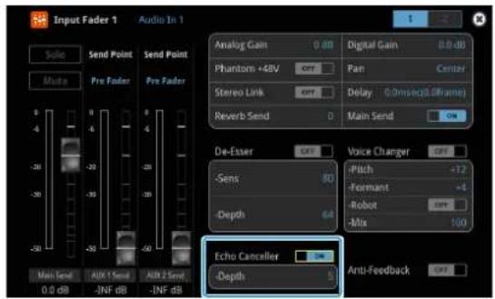 Input Fader 1 Audio In 1 Sole Send Point Send Point Mute Pre Fader Pre Fader 0 dB 0.0 dB Analog Gain Digital Gain Phantom +4BV 0.0 dB Pan Center Stereo Link 0.0dB Delay 0.0mspec(0.0frames) Reverb Send 0 Main Send On On De-Easer On Voice Changer Off -Sens 80 -Pitch +12 -Formant +4 -Depth 64 -Robot Off -Mix 100 -Min Send AIN 1 Send AIN 2 Send -INF dB -INF dB Echo Canceller On -Depth Anti-Feedback