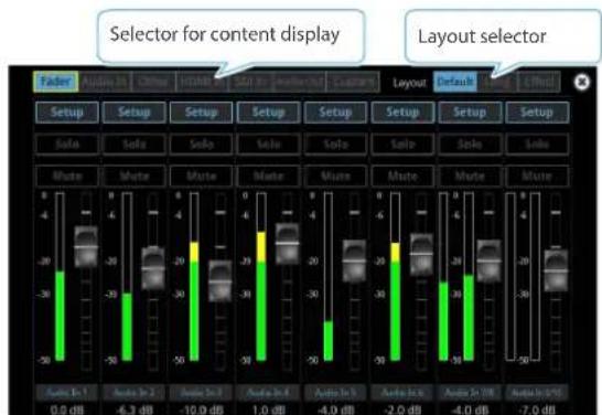 Selector for content display Layout selector Fader Audio In 1 Audio In 2 Audio In 3 Audio In 4 Audio In 5 Audio In 6 Audio In 7 Audio In 8 Audio In 9 Audio In 10 Audio In 11 Audio In 12 Audio In 13 Audio In 14 Audio In 15 Audio In 16 Audio In 17 Audio In 18 Audio In 19 Audio In 20 Audio In 21 Audio In 22 Audio In 23 Audio In 24 Audio In 25 Audio In 26 Audio In 27 Audio In 28 Audio In 29 Audio In 30 Audio In 31 Audio In 32 Audio In 33 Audio In 34 Audio In 35 Audio In 36 Audio In 37 Audio In 38 Audio In 39 Audio In 40 Audio In 41 Audio In 42 Audio In 43 Audio In 44 Audio In 45 Audio In 46 Audio In 47 Audio In 48 Audio In 49 Audio In 50 Audio In 51 Audio In 52 Audio In 53 Audio In 54 Audio In 55 Audio In 56 Audio In 57 Audio In 58 Audio In 59 Audio In 60 Audio In 61 Audio In 62 Audio In 63 Audio In 64 Audio In 65 Audio In 66 Audio In 67 Audio In 68 Audio In 69 Audio In 70 Audio In 71 Audio In 72 Audio In 73 Audio In 74 Audio In 75 Audio In 76 Audio In 77 Audio In 78 Audio In 79 Audio In 80