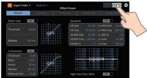 Input Fader 1 Audio In 1 Effect Preset Default Meeting Interview Antenna Msc Wendy Filter Noise Gate OFF Threshold -48 dB Release 500 ms Compressor OFF Threshold -8 dB Ratio 2.50:1 Attack 30 ms Release 250 ms Makeup Gain 8 dB Equalizer UPF Hi Gain 0.0 dB Lo-Mid Gain 0.0 dB Hi Freq 10.0 kHz Lo-Mid Freq 500 Hz Hi-Mid Gain 0.0 dB Lo-Mid Q 1.0 Hi-Mid Freq 2.00 kHz Lo Gain 0.0 dB Hi-Mid Q 1.0 Lo Freq 100 Hz EQ-OFF High Pass Filter 80Hz