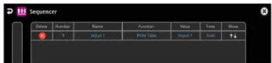 Sequencer Delete Number Name Function Value Time Show 1 Input 1 POME Color Input 1 Scan ↑↓