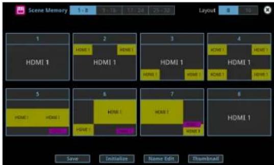 Scene Memory 1 - 8 9 - 18 17 - 24 25 - 32 Layout 8 10 HDMI 1 2 HOME 1 HOME 1 HDMI 1 3 HDMI 1 HOME 1 HOME 1 HDMI 1 4 HDMI 1 HOME 1 HDMI 1 HDMI 1 HDMI 1 5 HOME 1 HOME 1 HDMI 1 6 HOME 1 HOME 1 HDMI 1 7 HOME 1 HOME 1 HDMI 1 8 HDMI 1 Save Initialize Name Edit Thumbnail
