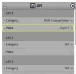 GPI 1 - Category PGMI Channel Select # - Value Input 1 # GPI 2 - Category N/A # - Value ... GPI 3 - Category N/A >