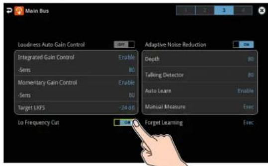 Main Bus Loudness Auto Gain Control Integrated Gain Control Enable -Sens 80 Momentary Gain Control Enable -Sens 80 Target LOPS -24 dB Adaptive Noise Reduction Depth 80 Talking Detector 80 Auto Learn Enable Manual Measure Exec To Frequency Cut 00 Forget Learning Exec