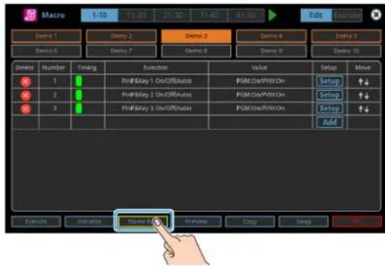 Macro 1-10 T1-20 T1-30 T1-40 41-50 Edit Execute Demo 1 Demo 2 Demo 3 Demo 4 Demo 5 Demo 6 Demo 7 Demo 8 Demo 9 Demo 10 Demo Number Timing Function Value Setup Move 1 2 3 ProFArray 1 On/Off/Auto PUM On/PWOn Setup ↑↓ ProFArray 2 On/Off/Auto PUM On/PWOn Setup ↑↓ ProFArray 3 On/Off/Auto PUM On/PWOn Setup ↑↓ Add Execute Initiation Name End Preview Copy Save OK