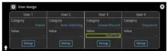 User Assign User 1 Category Value Freeze User 2 Category Value Auto Switching User 3 Category StreamRecord Value Start step User 4 Category Value Sequencer Setup Setup Setup Setup
