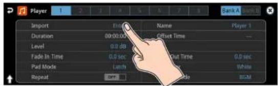 Player 1 Import Duration Level Fade In Time Pad Mode Repeat Enter Name Offset Time Out Time Latch Name Player 1 00:00:00 0.0 db 0.9 sec Latch 0.6 sec White BGM