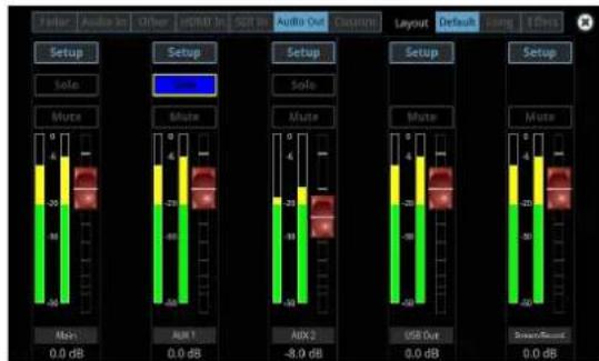 Fisher Audio to Other HDMI in SOT in Audio Out Custom Layout Default Long Effects Setup Setup Setup Setup Setup Setup Setup Sole Sole Mute Sole Mute Mute Mute Mute Mute 0.0 dB 0.0 dB 0.0 dB 0.0 dB 0.0 dB 0.0 dB 0.0 dB Auto1 Auto2 USB Out SmartSound 0.0 dB