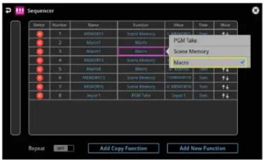 Sequencer Delete Number Rener Function Value Time Mate 1 ENOOM01 Sense_Memory ENOOM02 Score ↑↓ 2 Macro1 Micro 3 Macro1 Micro 4 ENOOM01 Sense_Memory Macro 5 Macro1 Micro Macro ↑↓ 6 ENOOM01 Sense_Memory ENOOM02 Score ↑↓ 7 ENOOM01 Sense_Memory ENOOM02 Score ↑↓ 8 Xiport1 PGM Take Xiport1 Score ↑↓ Repeat Add Copy Function Add New Function