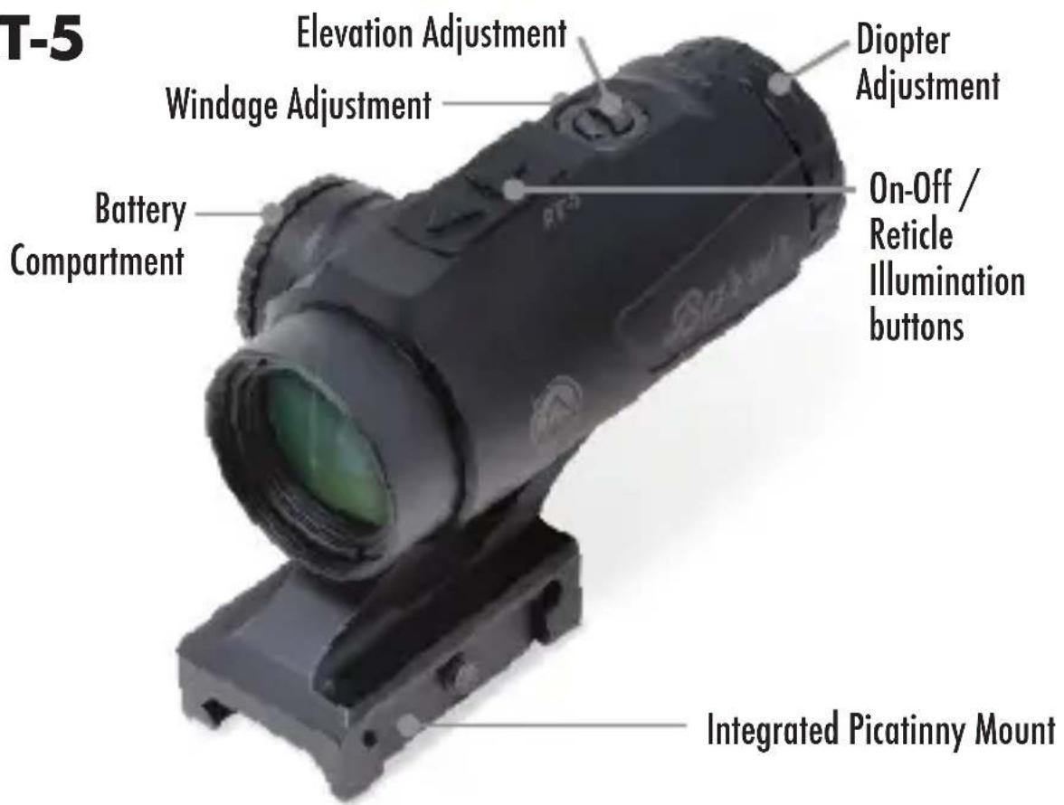 T-5 Elevation Adjustment Windage Adjustment Battery Compartment Diopter Adjustment On-Off / Reticle Illumination buttons Integrated Picatinny Mount