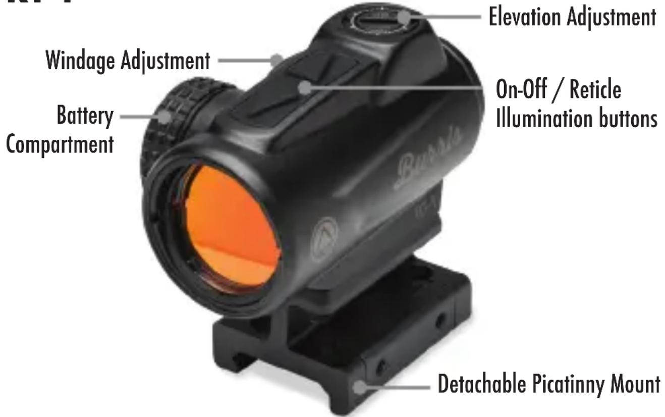 Elevation Adjustment Windage Adjustment Battery Compartment On-Off / Reticle Illumination buttons Detachable Picatinny Mount