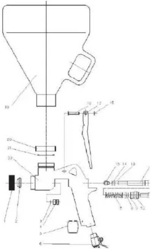 Technical diagram of a spray gun with numbered components and labeled parts