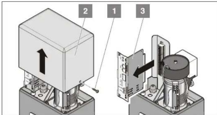 Technical diagram showing three labeled components of an electronic device with directional arrows indicating movement or assembly.