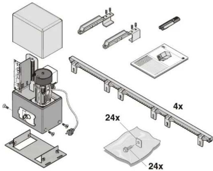 Exploded view diagram of a mechanical assembly with labeled components including a 24x multiplier and a 4x multiplier.