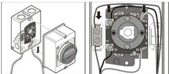 Technical diagram showing electrical wiring connections to a device with labeled components and wiring paths