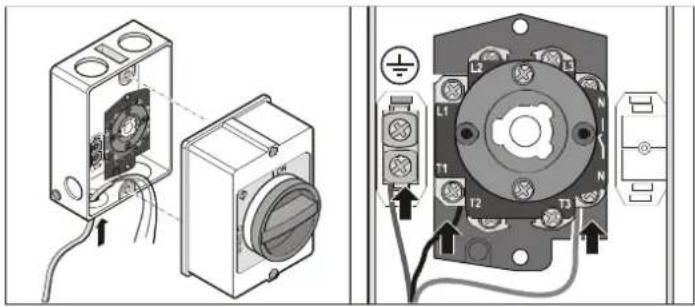 Technical diagram showing electrical wiring connections to a device with labeled components and connection points