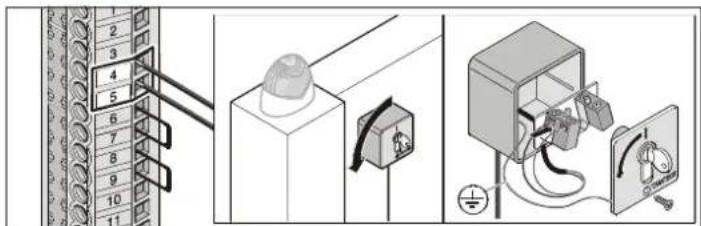Diagram showing electrical wiring connections and a device with labeled components, including a dome-shaped connector and electrical wiring.