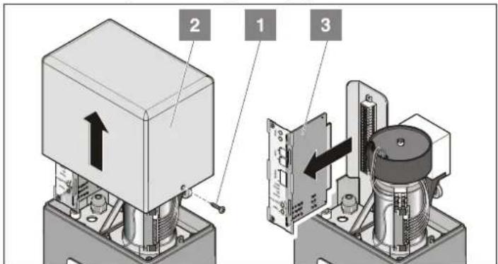 Technical diagram showing three labeled components of an electronic device assembly, with arrows indicating direction of movement.