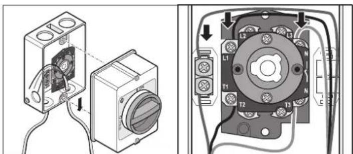 Technical diagram showing electrical wiring connections to a device with labeled components and wiring paths