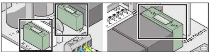 Technical diagram showing mechanical components with labeled parts and a 'Warmlicht' label, including inset views of a fuse component.