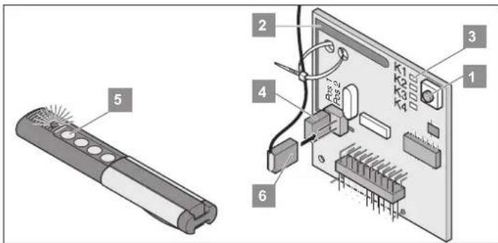 Diagram showing labeled components of a remote control device with numbered parts and internal wiring connections