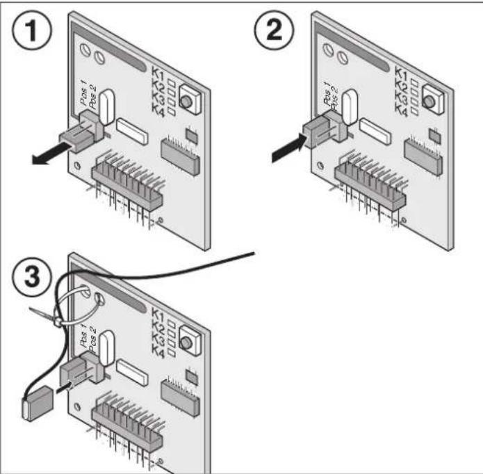 Diagram showing three-step connection of an electronic device with labeled ports and connectors, including a cable or wiring.