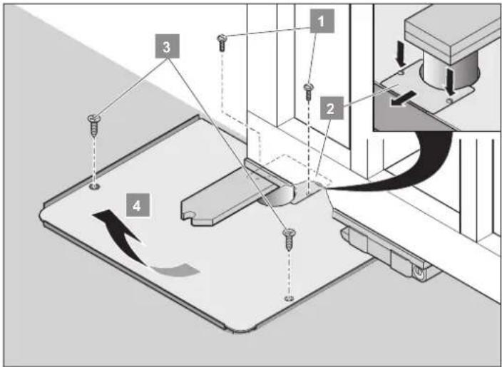 Technical diagram showing a mechanical assembly with numbered components and directional arrows indicating motion or movement.