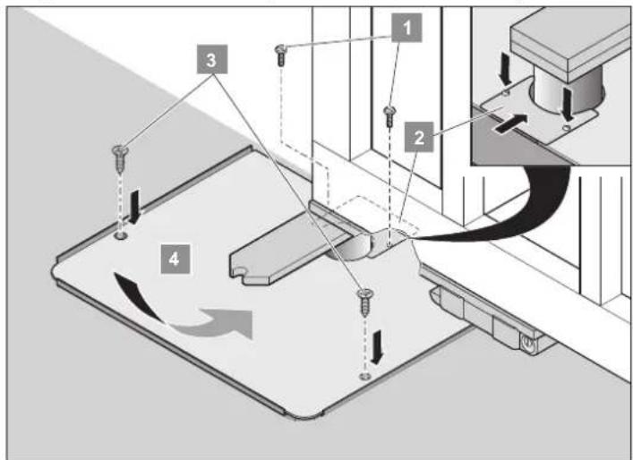Technical diagram showing a mechanical assembly with numbered components and directional arrows indicating motion or movement.