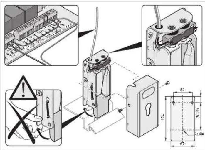 Technical diagram showing electrical component assembly with labeled dimensions and warning symbols