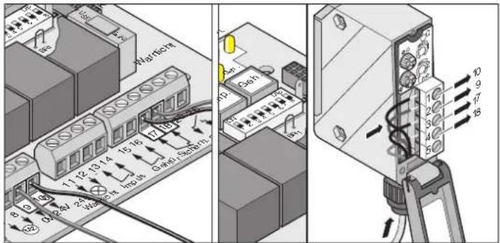 Technical diagram showing electrical panel connections and a multimeter with labeled terminals and wiring