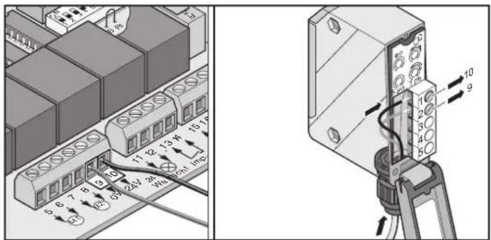 Technical diagram showing electrical connector connections and a close-up of the device's internal structure with numbered pins and cable labels.
