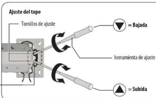 Ajuste del tope Tornillos de ajuste = Bajada herramienta de ajuste = Subida