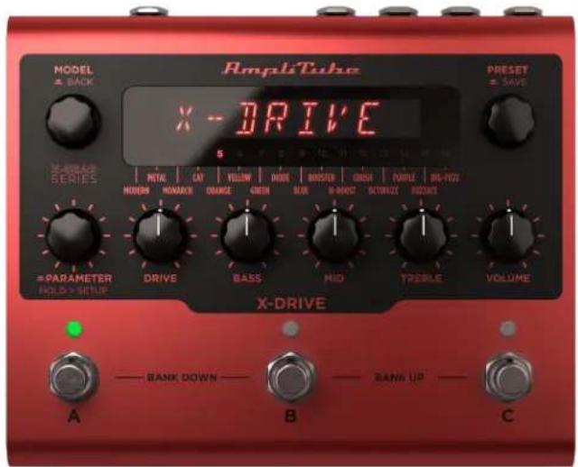 MODEL ▲ BACK AmpliTube X-DRIVE S PRESET ▲ SAVE M-DRIVE SERIES METAL CAT YELLOW DOOD BURSTER DRESH PURPLE MIL-FOZZ MODERN MONACK ORANGE GREEN BLK HI-BRUST OCTAVIZ POZZICK PARAMETER DRIVE BASS MID TREELE VOLUME HOLD > SETUP X-DRIVE A — BANK DOWN — B — BANK UP — C