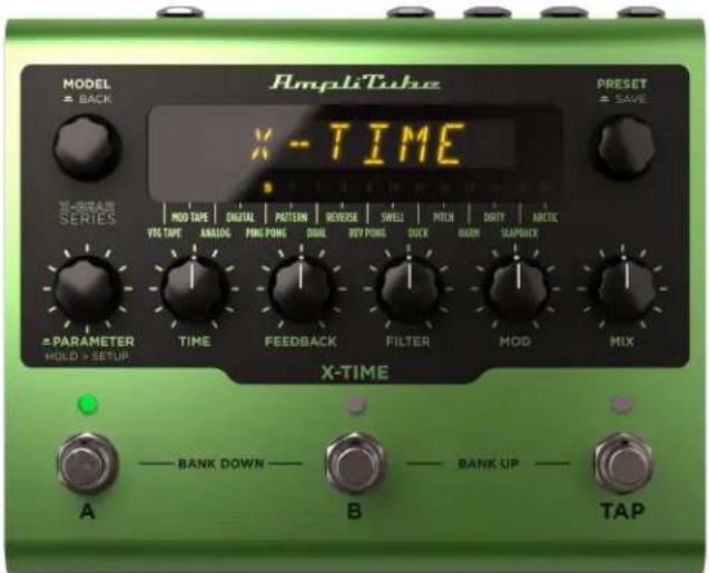 MODEL BACK AmpliTube X - TIME PRESET SAVE TV-DRB & 40 SERIES MOD TAPE VIG TAPE ANALOG DIGITAL PING PONG PATTERN PING PONG REVERSE DOUBLE BEET PONG SWELL DUCK METH MOOH DIKRY SLAPBACK AROTIC PARAMETER HOLD > SETUP TIME FEEDBACK FILTER MOD MIX X-TIME A B TAP — BANK DOWN — — BANK UP —
