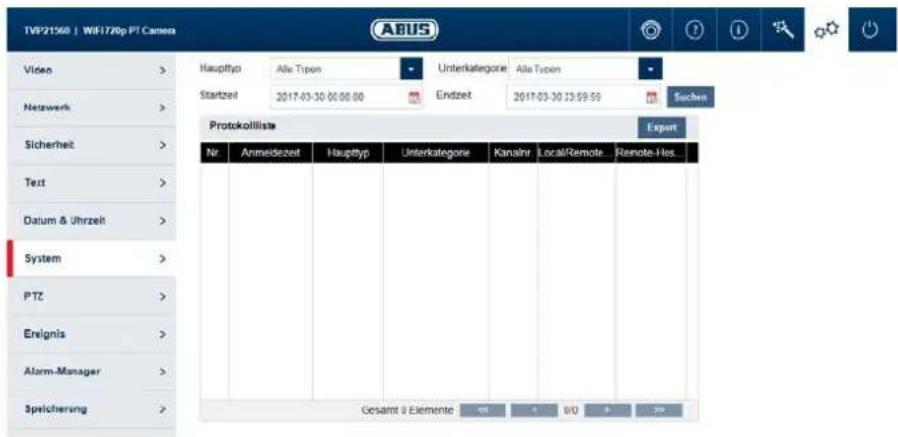 TVP21560 | WiF172p PT Canes Video > Netzwerk > Sicherheit > Text > Datum & Uhrzeit > System > PTZ > Ensignis > Alarm-Manager > Speicherung > HAUPTYP Alle Typen Unterkategorie Alle Typen Startzeit 2017-03-30 00:08:00 Endzeit 2017-03-30 13:59:59 Sieben Protokollliste Export Nr Anmeidezeit Hauptyp Unterkategorie Kanahrt Local/Remote Remote-Hex. Gesamt / Elemente 44 4 6/0 5 35