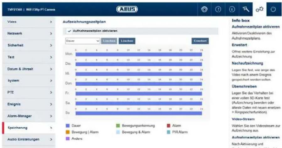 TVP21560 | WiF172p PT Cameta ABUS Video > Netzwerk > Sicherheit > Test > Datum & Uhrzeit > System > PTZ > Erlignis > Alarm-Manager > Speicherung > Audio Einstellungen Aufzeichnungszeitplan Aufnahmezeitplan aktivieren Dauer Locusen Locusen Erweitert Mon. Die. M. Don. Fr. Sa. So Dauer Bewegungserkennung Alam Bewegung | Alarm Bewegung & Alarm PIRAlarm Andere Info box Aufnahmezeitplan aktivieren Aktivieren/Deaktivieren des Aufnahmezeitplans. Erweitert Offnen weitere Einstellung zur Aufzeichnung Nachaufzeichnung Legen Sie fest, wie lange das Vide nach einem Ereignis gespeichert werden sollen. Überschreiben Legen Sie das Verhalten bei einer vollen SD-Karte fest (Aufzeichnung beenden oder alteste Daten mit neuen ersetzen = Ringspeicherfunktion) Video-Stream Wahlen Sie den Videostream zur Aufzeichnung aus Aufnahmezeitplan aktivieren Nach Aktivierung und