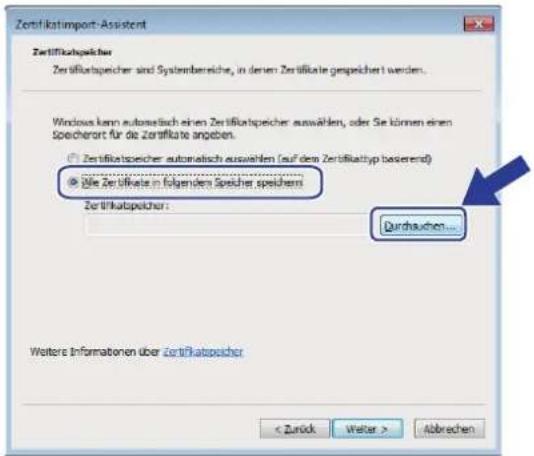 Zertifikatimport-Assistant Zertifikatspeicher Zertifikatspeicher sind Systembereiche, in denen Zerifikate gespeichert werden. Windows kann automatisch einen Zertifikatspeicher auswählen, oder Sie können einen Specherort für die Zertifikate angeben. ○ Zertifikatspeicher automatisch auswählen (auf dem Zertifikattyp basierend) ● Die Zertifikaten folgenden Speicher speichens Zertifikatspeicher: Durchsachen... Weitere Informationen über Zertifikatspeicher < Zurück Weiter > Abbrechen