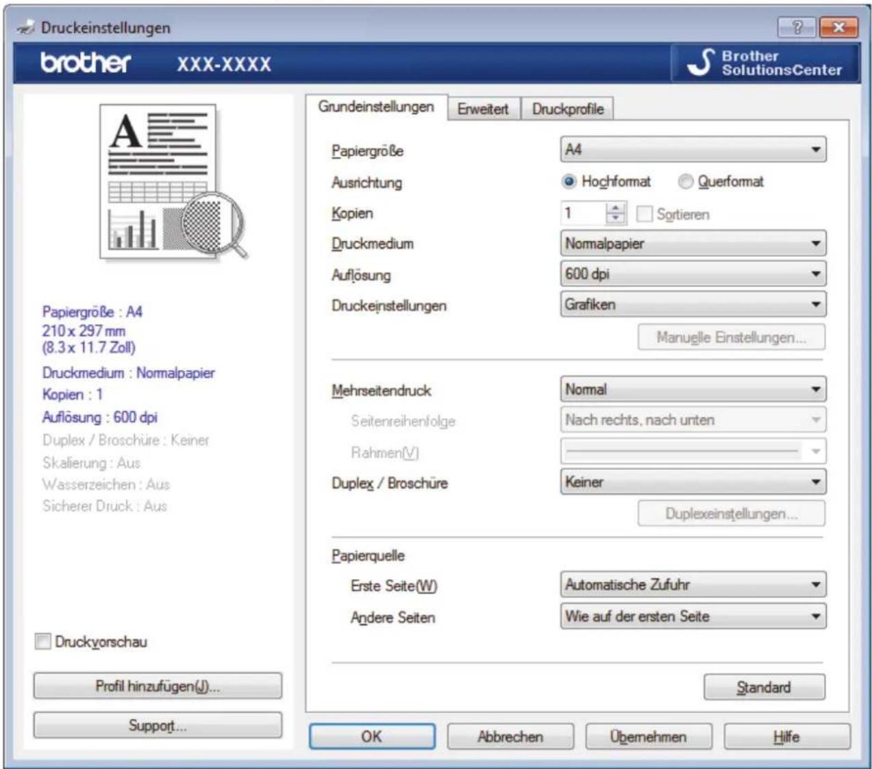 Druckeinstellungen brother XXX-XXXX Brother SolutionsCenter Grundeinstellungen Erweitert Druckprofile Papiergröße A4 Ausrichtung Hochformat Querformat Kopien 1 Sqrtieren Druckmedium Normalpapier Auflösung 600 dpi Druckeinstellungen Grafiken Manuelle Einstellungen... Mehrseitendruck Normal Seitenreihenfolge Nach rechts, nach unten Rahmen(√) Duplex / Broschüre Keiner Duplexeinstellungen... Papierquelle Erste Seite(W) Automatische Zufuhr Andere Seiten Wie auf der ersten Seite Druckyorschau Profil hinzufügen(J)... Support... Standard OK Abbrechen Übernehmen Hilfe