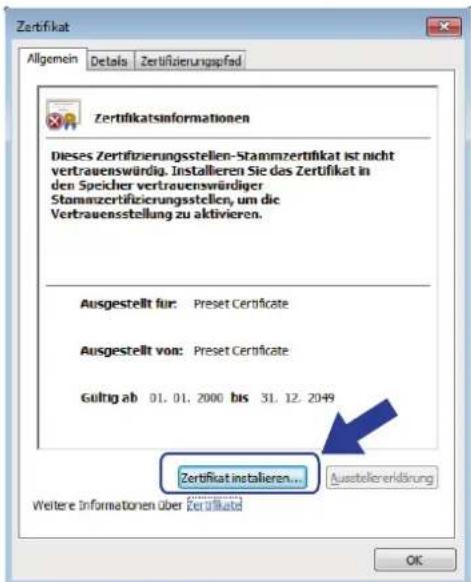 Zertifikat Allgemein Details Zertifizierungspfad Zertifikatsinformationen Dieses Zertifizierungsstellen-Stammzertifikat ist nicht vertrauenswürdig. Installieren Sie das Zertifikat in den Speicher vertrauenswürdiger Stammzertifizierungsstellen, um die Vertrauensstellung zu aktivieren. Ausgestellt für: Preset Certificate Ausgestellt von: Preset Certificate Gutrig ab 01. 01. 2000 bis 31. 12. 2049 Zertifikat installieren... Ausstellenerklärung Weitere Informationen über Zertifikat OK