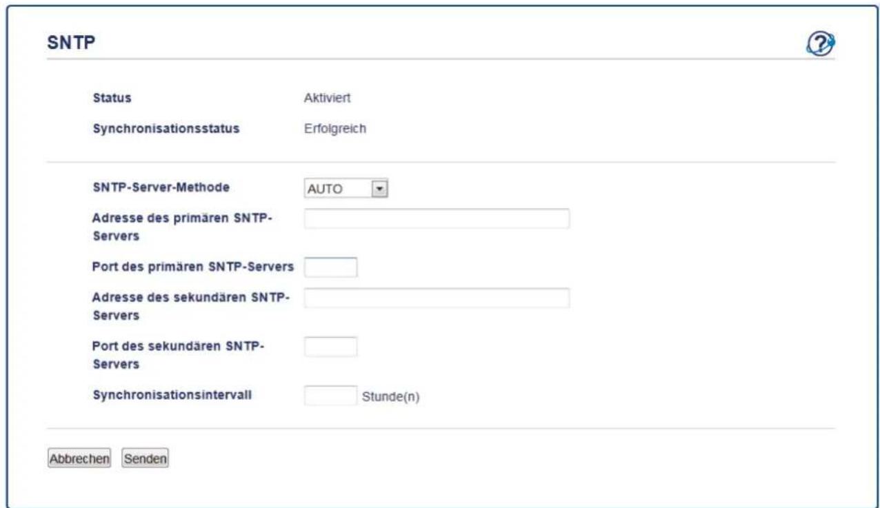 SNTP Status Aktiviert Synchronisationsstatus Erfolgreich SNTP-Server-Methode AUTO Adresse des primären SNTP- Servers Port des primären SNTP-Servers Adresse des sekundären SNTP- Servers Port des sekundären SNTP- Servers Synchronisationsintervall Stunde(n) Abbrechen Senden