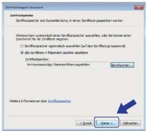 Zertifikatsimport-Assistent Zertifikatspeicher Zertifikatspeicher sind Systembereiche, in denen Zertifikate gespeichert werden. Windows kann automatisch einen Zertifikatspeicher auswählen, oder Sie können einen Speichort für die Zertifikate angeben. ● Zertifikatspeicher automatisch auswählen (auf dem Zertifikatyp basierend) ● alle zertifikate in folgenden speicher spichern Zertifikatspeicher: Vertraumswürdige Stammzertifizierungstellen Durchauschen... Weitere Informationen über Zertifikatspeicher < Zurück Weiter > Abbrechen