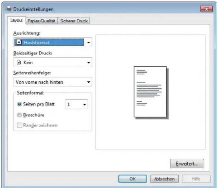 Druckeinstellungen Layout Papier/Qualität Scherer Druck Ausichtung: Hochformat Beidseitiger Druck: Kein Seitenreihenfolge: Von vome nach hinten Setenformat Seiten pro Blatt 1 Broschüre Ränder zeichnen Erweitert... OK Abbrechen Höfe