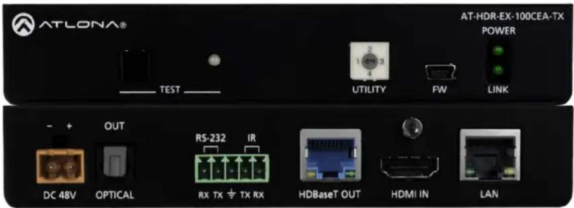 ATLONA® TEST UTILITY FW LINK AT-HDR-EX-100CEA-TX POWER - + OUT DC 48V OPTICAL RS-232 IR RX TX TX RX HDBaseT OUT HDMI IN LAN