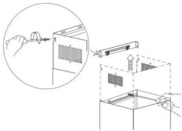 Diagram illustrating a mechanical assembly process with labeled components and directional arrows indicating motion or movement.