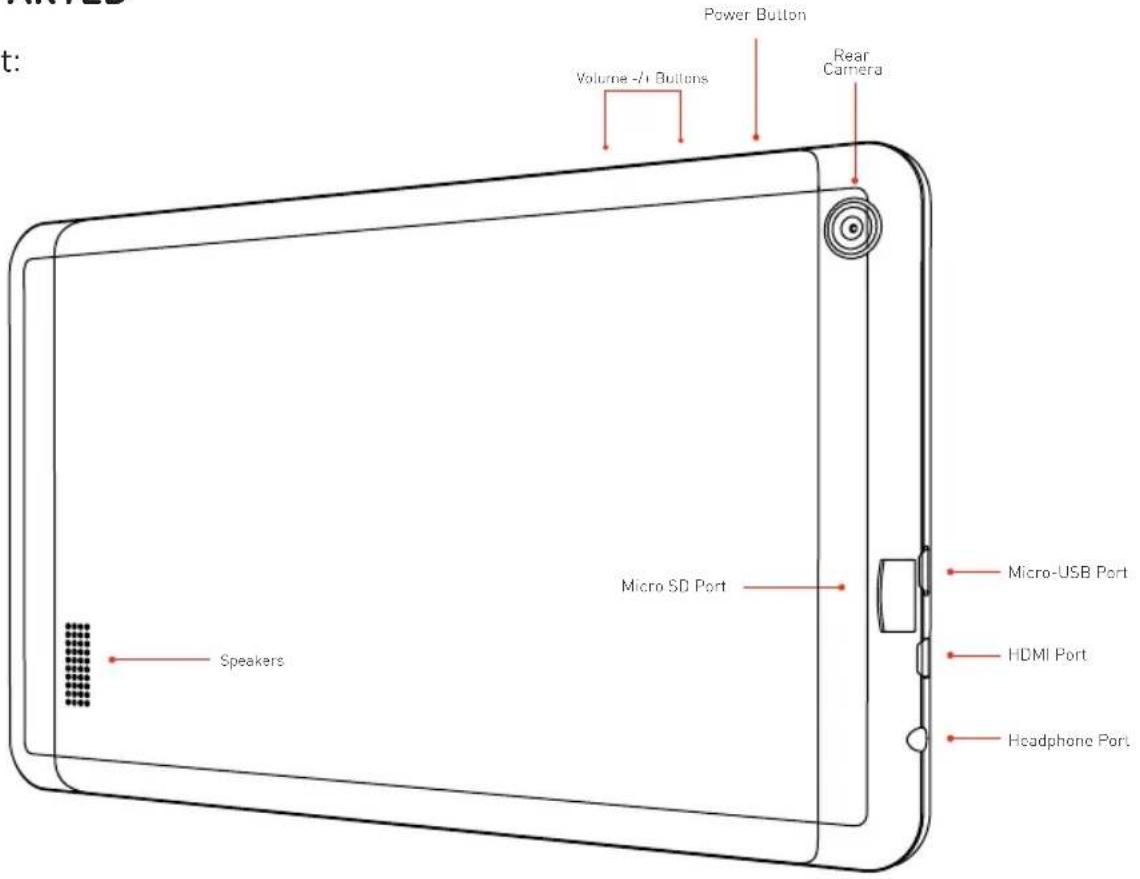 Power Button Volume -1 Buttons Rear Camera Micro SD Port Micro-USB Port Speakers HDMI Port Headphone Port