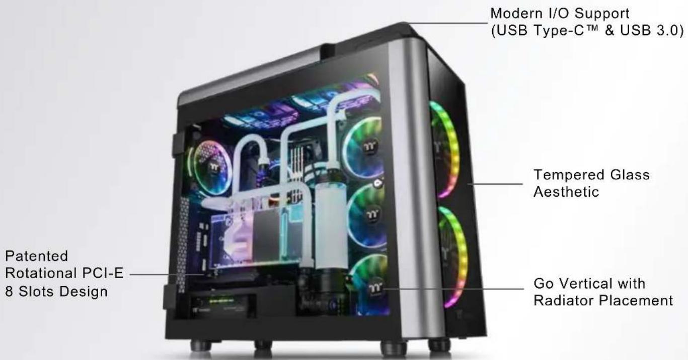 Modern I/O Support (USB Type-C™ & USB 3.0) Tempered Glass Aesthetic Patented Rotational PCI-E 8 Slots Design Go Vertical with Radiator Placement