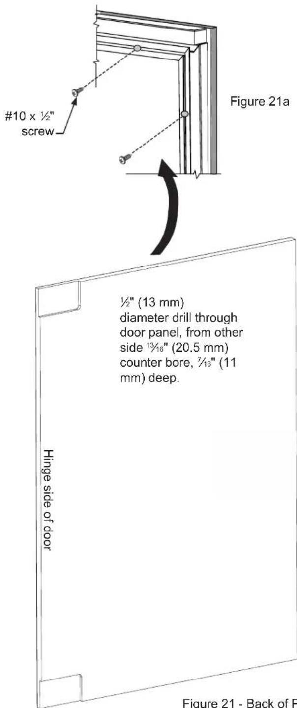 #10 x ½" screw Figure 21a ½" (13 mm) diameter drill through door panel, from other side ¹³/¹⁶" (20.5 mm) counter bore, ⅓/₁₆" (11 mm) deep. Hinge side of door Figure 21 - Back of P