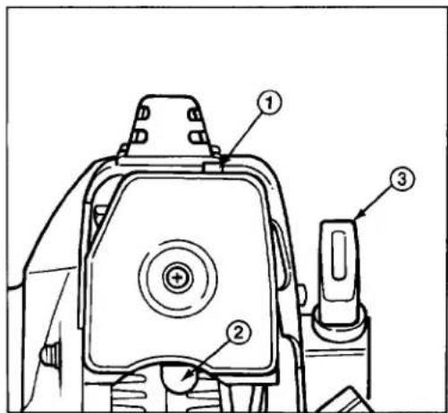 Technical diagram of a mechanical device with numbered components labeled ①, ②, and ③.